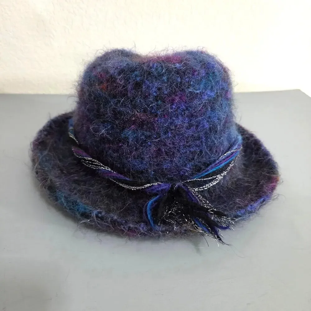 Handmade Fuzzy Knit Bucket Hat Womens One Size Purple Blue Multicolor Bead Thick